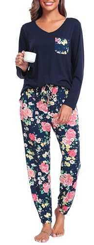 Wikoan Schlafanzug Damen Lang Pyjama Set Zweiteiler Loungewear Set Langarm Lounge Set Winter Schlafanzüge Sleepwear Set Marineblau/Blume Hosen XXL von Wikoan