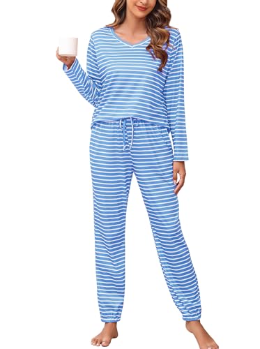 Wikoan Schlafanzug Damen Lang Winter Pyjama Baumwolle Gestreift Pyjama Winter Langarm V-Ausschnitt Schlafanzüge mit Bündchen Hellblau Weiß S von Wikoan