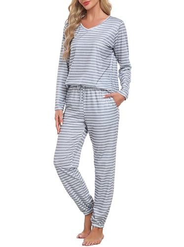 Wikoan Schlafanzug Damen Lang Winter Pyjama Baumwolle Gestreift Pyjama Winter Langarm V-Ausschnitt Schlafanzüge mit Bündchen Hellgrauweiß S von Wikoan