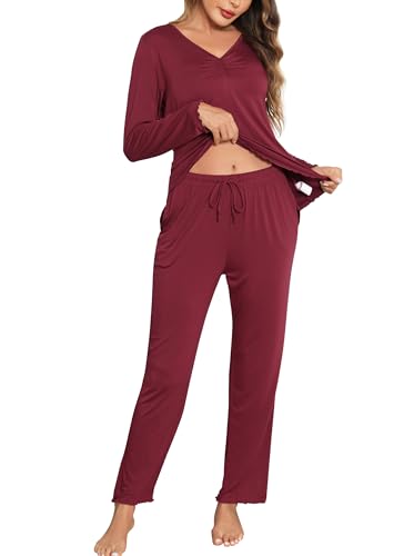 Wikoan Schlafanzug Damen Lang Zweiteiliger Pyjama Set Warm Schlafanzug Winter V-Ausschnitt Langarm Pyjama Set Nachtwäsche Burgunderrot XXL von Wikoan