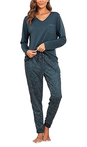 Wikoan Schlafanzug Damen Langarm Zweiteiliger Pyjama Set V-Ausschnitt Lounge Set Winter Pyjamas Schlafanzüge Loungewear Set Dunkelgrün L von Wikoan