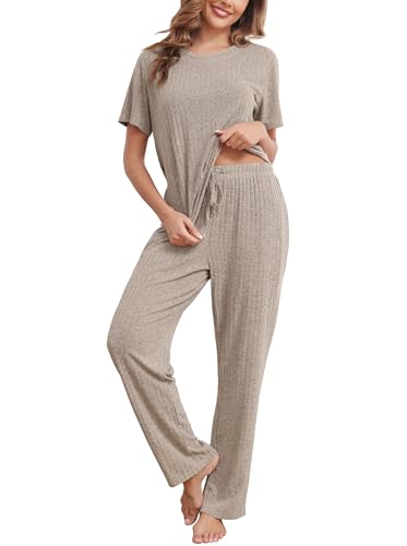 Wikoan Schlafanzug Damen Pyjama Kurzarm Top und Lange Schlafhose Sets Zweiteiliger Schlafanzug Rippenstrick Nachtwäsche mit Tasche Khaki XXL von Wikoan