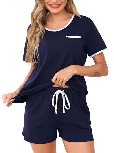Wikoan Schlafanzug Damen Pyjama Sommer Schlafanzug Kurz Zweiteiliger Pyjama Set Baumwolle Nachtwäsche Frauen Schlafanzüge mit Taschen Marineblau S von Wikoan