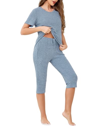 Wikoan Schlafanzug Damen Sommer Capri Pyjama Set Nachtwäsche Kurzarm Top und 3/4 Hose Shorty Pyjama Damen Hausanzug mit Taschen Hellblau XL von Wikoan