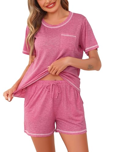 Wikoan Schlafanzug Damen Sommer Pyjama Baumwolle Weicher Rundhals Nachtwäsche Kurz Shorty Schlafanzüge Loungewear Hausanzug für Damen Rosarot XXL von Wikoan