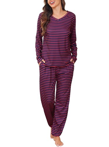 Wikoan Schlafanzug Damen Winter Lang Pyjama Set Baumwolle Langarm Nachtwäsche Gestreift Hausanzug Warm V-Ausschnitt mit Bündchen Rot Marineblau S von Wikoan