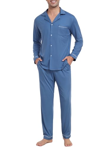 Wikoan Schlafanzug Herren Lang Winter Pyjama Set Zweiteiliger Nachtwäsche Langarm Pyjamas Warmer Schlafanzug mit Knopfleiste Loungewear Dunkelblau M von Wikoan