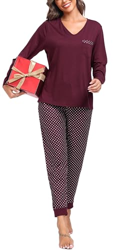 Wikoan Schlafanzug Loungewear Damen Set Lang Kuschelig Zweiteiliger Pyjama Set V-Ausschnitt Langarm Lounge Set Winter Burgund XXL von Wikoan