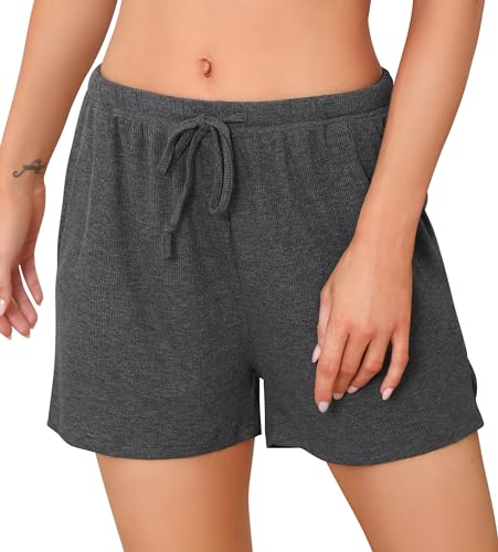 Wikoan Schlafanzughose Damen Kurz Weich Pyjamahose Unifarbene Schlafshorts Hose mit Taschen und Kordelzug Sporthose Sommer Dunkelgrau S von Wikoan