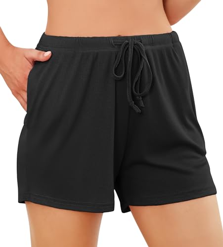 Wikoan Schlafanzughose Damen Kurz Weiche Pyjamahose Nachtwäsche Kurz Pyjama Shorts Schlafshorts mit Taschen und Kordelzug Schwarz M von Wikoan