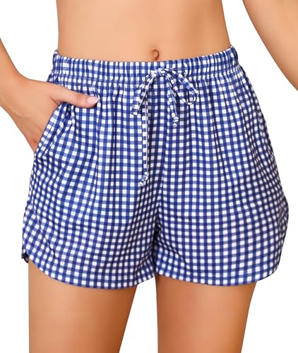 Wikoan Schlafanzughosen für Damen Kurz Schlafhose Freizeithose Karierte Pyjamahose Schlafshorts Kurzer mit Taschen und Kordelzug Dunkelblau XL von Wikoan