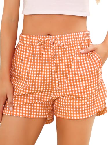 Wikoan Schlafanzughosen für Damen Schlafhose Kurz Pyjamahose Karierte Freizeit Hose Sommer Shorts mit Taschen und Kordelzug Orange XXL von Wikoan