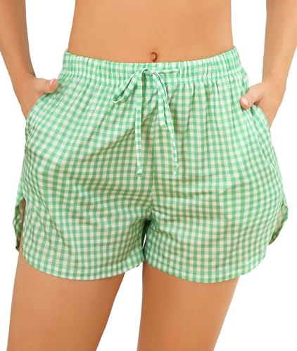 Wikoan Schlafanzughosen für Damen Schlafhose Kurz Pyjamahose Karierte Freizeit Hose Sommer mit Taschen und Kordelzug Hellgrün XXL von Wikoan
