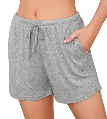 Wikoan Schlafhose Damen Kurz Unifarbene Shorts Pyjamahose Kurz Sporthose Frauen Schlafshorts mit Taschen und Kordelzug Hellgrau M von Wikoan