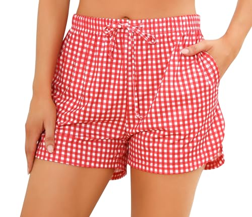 Wikoan Schlafshorts Damen Kurz Karierte Pyjamahose mit Taschen und Kordelzug Schlafanzughosen für Damen Sommer Schlafhose Rot XL von Wikoan