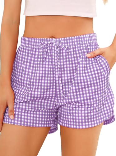 Wikoan Schlafshorts Damen Kurz Pyjama Hose Sommer Schlafhosen Kariert Baumwolle Shorts Schlafanzughose Freizeithose Nachtwäsche Hellviolett S von Wikoan