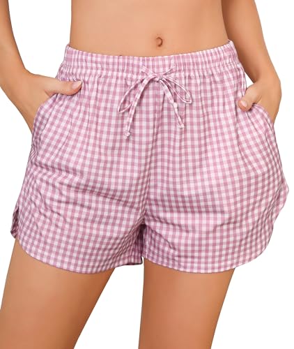 Wikoan Schlafshorts Damen Kurz Pyjamahose Schlafanzughose Karierte Hose Freizeit Sommer mit Taschen und Kordelzug Bohne Rosa XL von Wikoan