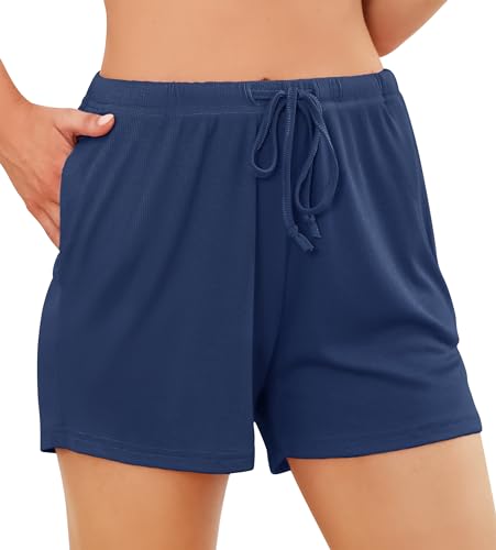 Wikoan Schlafshorts Damen Kurz Weich Pyjama Shorts Unifarbene Schlafanzughose mit Taschen und Kordelzug Sporthose Sommer Marineblau XXL von Wikoan