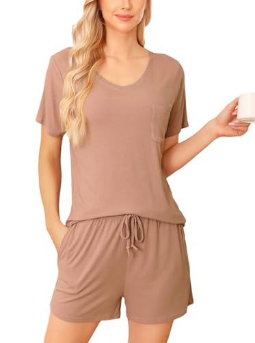 Wikoan Sommer Schlafanzug Damen Pyjama Kurz Zweiteiliger Pyjama Set V-Ausschnitt Lounge Set Kurzarm Loungewear Pyjama Damen Schokolade XXL von Wikoan