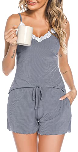 Wikoan Sexy Schlafanzug Frauen Zweiteiliger Pyjama Damen Kurz V-Ausschnitt Pyjama Set Sommer Hausanzug Damen Nachtwäsche A-Hellgrau S von Wikoan