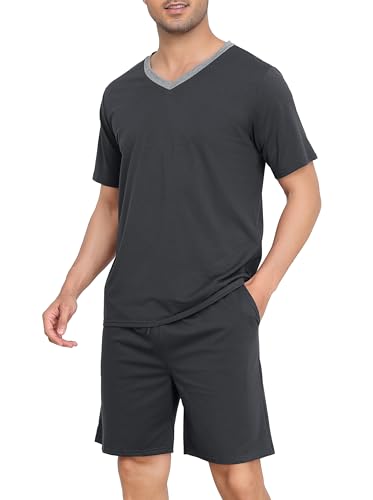 Wikoan Sommer Pyjama Herren Schlafanzug Baumwolle Nachtwäsche Kurz V-Ausschnitt Shorty Kurzarm Pyjama Set für Männer mit Taschen Dunkelgrau M von Wikoan