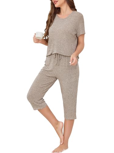 Wikoan Sommer Schlafanzug Damen Capri Pyjama Set Nachtwäsche Kurzarm Top und 3/4 Hose Shorty Pyjama Damen Hausanzug mit Taschen Khaki S von Wikoan