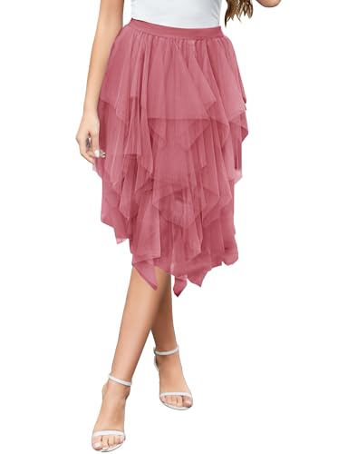 Wikoan Tüllrock Damen Lang Elastische Hoher Taillierter Tüll Rock Unregelmäßiges Netz Täglich Abschlussball Party Röcke A-Linie Sommerrock Dunkles Rosa M von Wikoan