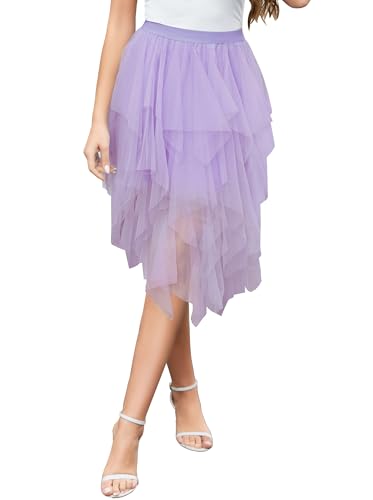 Wikoan Tüllrock Damen Lang Elegant Mehrlagig Mesh Damen Faltenrock Hoher Taillierter Sommerrock Unregelmäßig A-Linie Tütü Rüschen Tüll Rock Hellviolett XL von Wikoan