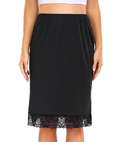 Wikoan Unterrock Damen kurz Petticoat Knielang Halbrock für Frauen Elegantes Unsichtbar Spitze Underskirt Schwarz XXL von Wikoan