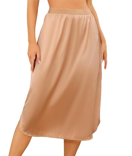 Wikoan Unterrock Lang Petticoat für Damen Elegantes Unsichtbar Underskirt Spitze Weich Kleid Satin Rock Unterkleid Dunkel Champagner L von Wikoan
