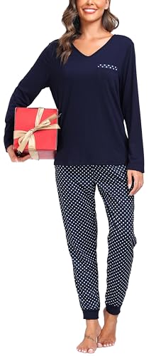 Wikoan Winter Pyjama Damen Langarm Kuschelig Schlafanzug Zweiteiliger Pyjama Set V-Ausschnitt Lounge Set Winter Loungewear Set Blau L von Wikoan