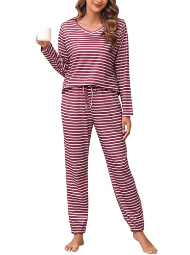 Wikoan Winter Schlafanzug Damen Baumwolle Pyjama Lang Gestreift Schlafanzug Warm Langarm Nachtwäsche V-Ausschnitt Schlafanzüge Rotweiß M von Wikoan