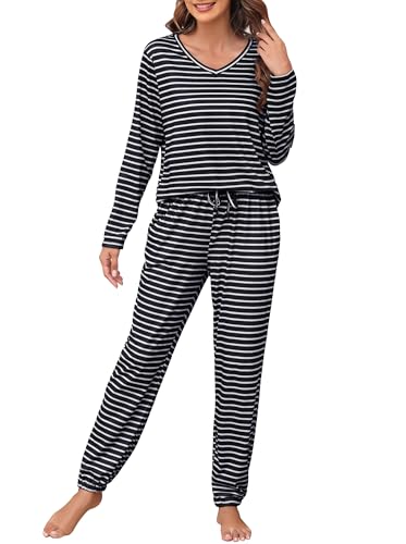 Wikoan Winter Schlafanzug Damen Lang Baumwolle Gestreift Pyjama Winter Schlafanzug Langarm V-Ausschnitt Pyjamaset mit Bündchen Schwarzweiß XL von Wikoan