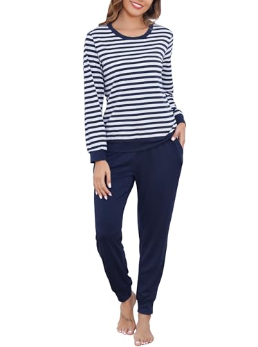 Wikoan Winter Schlafanzug Damen Pyjama Lang Baumwolle Nachtwäsche Gestreift Pyjamaset Warmer Schlafanzüge mit Bündchen Marineblau L von Wikoan