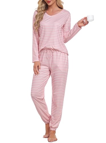 Wikoan Winter Schlafanzug Damen Pyjama Lang Pyjama Set Gestreift Zweiteiliger Nachtwäsche Langarm V-Ausschnitt Schlafanzüge Warm Rosaweiß S von Wikoan