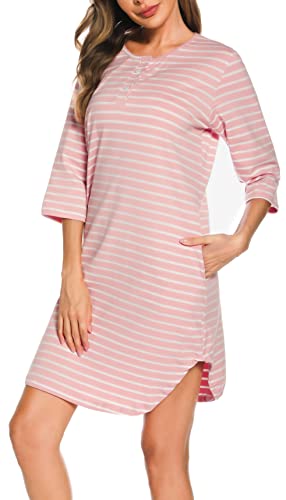 Wikoan nachthemden für Damen Schlafshirt Damen Kurz Geburtshemd Gestreifte Stillnachthemd Nachthemd mit Knöpfen Sommer 3/4-Ärmel Nightdress Rosa XXL von Wikoan