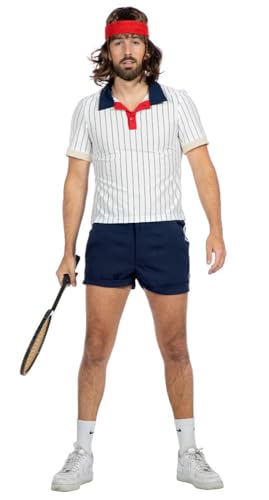 WILBERS & WILBERS Retro Tennis-Spieler Herren-Kostüm - Zweiteiliges Fasching Kostüm Set - Weiß/Blau - Größe 58 von WILBERS & WILBERS