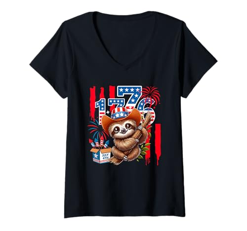 Damen 1776 Proud 4th July US Flag Fireworks Sloth Patriotic Team T-Shirt mit V-Ausschnitt von Wild Animal 4th Of July Costume
