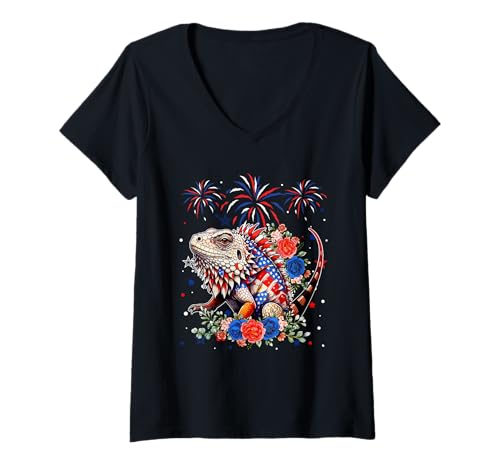 Damen 4. Juli US Flagge Leguan Kostüm Blumen Tierliebhaber T-Shirt mit V-Ausschnitt Damen 4. Juli US Flagge Leguan Kostüm Blumen Tierliebhaber T-Shirt mit V-Ausschnitt von Wild Animal 4th Of July Costume