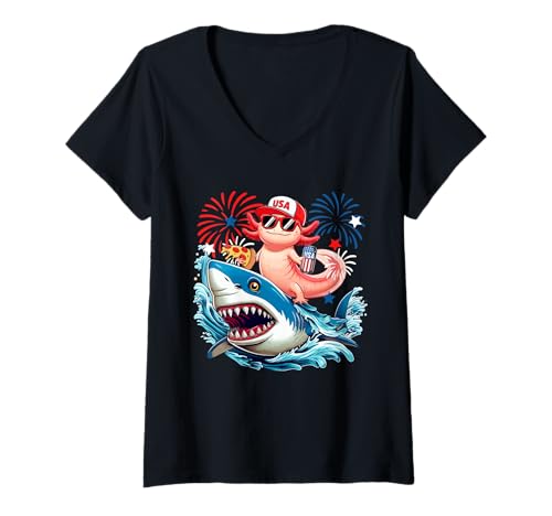 Damen Axolotl Riding Shark With Beer Pizza 4th Of July Patriotic T-Shirt mit V-Ausschnitt von Wild Animal 4th Of July Costume