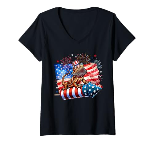 Damen Bearded Dragon Sunglasses On Firecracker 4th July US Flag T-Shirt mit V-Ausschnitt von Wild Animal 4th Of July Costume