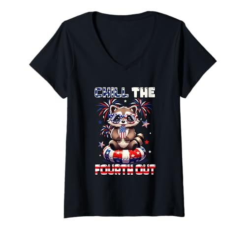 Damen Chill The Fourth Out 4th July US Flag Raccoon Ice Cream T-Shirt mit V-Ausschnitt Damen Chill The Fourth Out 4th July US Flag Raccoon Ice Cream T-Shirt mit V-Ausschnitt von Wild Animal 4th Of July Costume