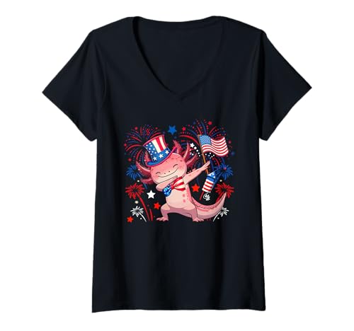 Damen Dabbing Axolotl 4. Juli US-Flagge Feuerwerk Patriotisches Team T-Shirt mit V-Ausschnitt von Wild Animal 4th Of July Costume