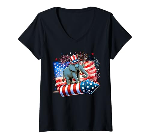 Damen Elephant Sunglasses On Firecracker 4th July US Flag T-Shirt mit V-Ausschnitt von Wild Animal 4th Of July Costume