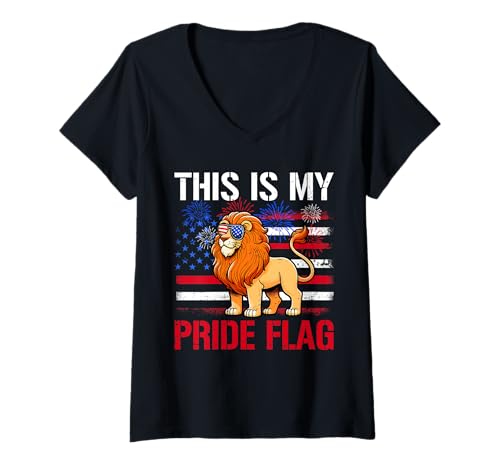 Damen Pride Flag 4th July US Flag Lion Sunglasses Patriotic T-Shirt mit V-Ausschnitt von Wild Animal 4th Of July Costume