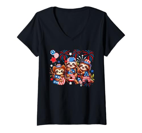 Damen USA 4th Of July Three Cute Sloths Holding US Flag Patriotic T-Shirt mit V-Ausschnitt von Wild Animal 4th Of July Costume
