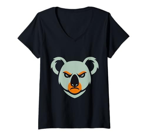 Damen Koala Bär Kopf Illustration T-Shirt mit V-Ausschnitt von Wild Animal Art