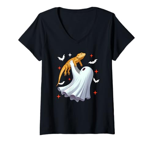 Damen Boo Ghost Hunging Bearded Dragon Halloween Animal Lover T-Shirt mit V-Ausschnitt Damen Boo Ghost Hunging Bearded Dragon Halloween Animal Lover T-Shirt mit V-Ausschnitt von Wild Animal Halloween Costume