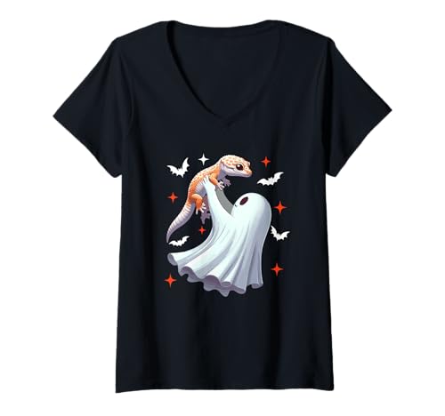 Damen Boo Ghost Hunging Gecko Halloween Animal Lover Kids Family T-Shirt mit V-Ausschnitt Damen Boo Ghost Hunging Gecko Halloween Animal Lover Kids Family T-Shirt mit V-Ausschnitt von Wild Animal Halloween Costume