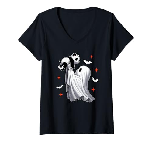 Damen Boo Ghost Hunging Panda Halloween Animal Lover Kids Family T-Shirt mit V-Ausschnitt Damen Boo Ghost Hunging Panda Halloween Animal Lover Kids Family T-Shirt mit V-Ausschnitt von Wild Animal Halloween Costume